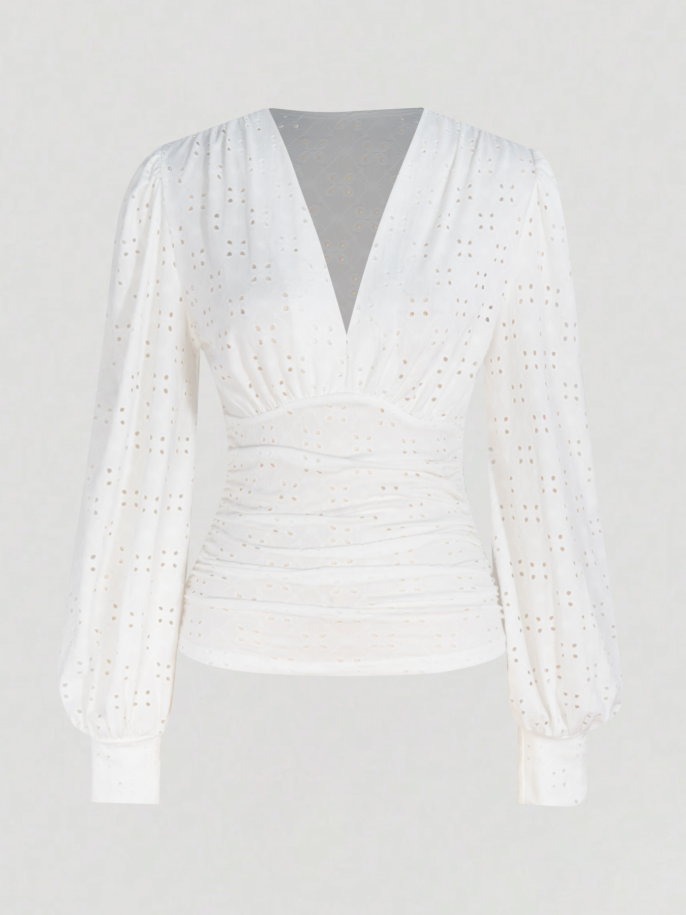 Woman's Eyelet Embroidery V-Neck Puff Sleeve Ruched Waist Blouse-Aegean-sea