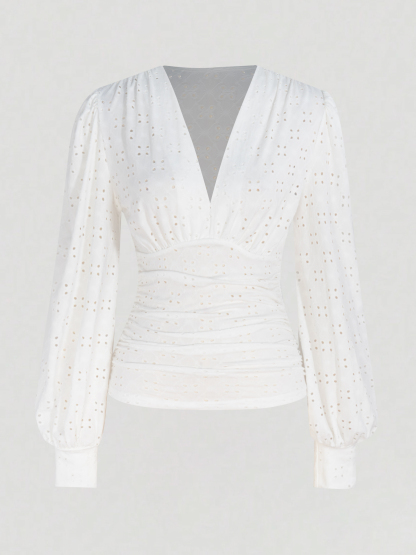 Woman's Eyelet Embroidery V-Neck Puff Sleeve Ruched Waist Blouse-Aegean-sea