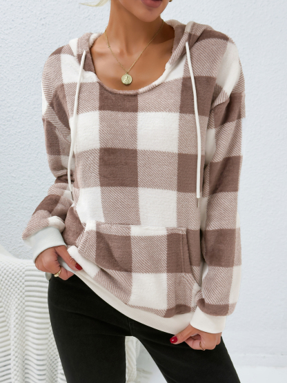 Woman's Soft Neutral Block-Patterned Oversized Hoodie with Kangaroo Pocket-Aegean-sea