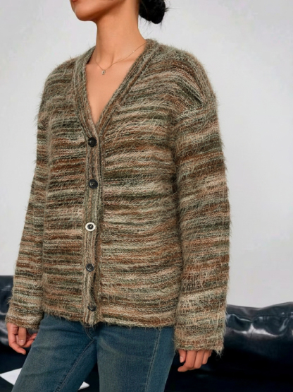Women's  Retro Lazy Style Mixed Color Fuzzy V-Neck Knit Cardigan : Loose Slimming Elegant Sweater Coat