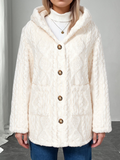Woman's Cream Faux Fur Hooded Coat with Cable Knit Texture & Metal Buttons-Aegean-sea