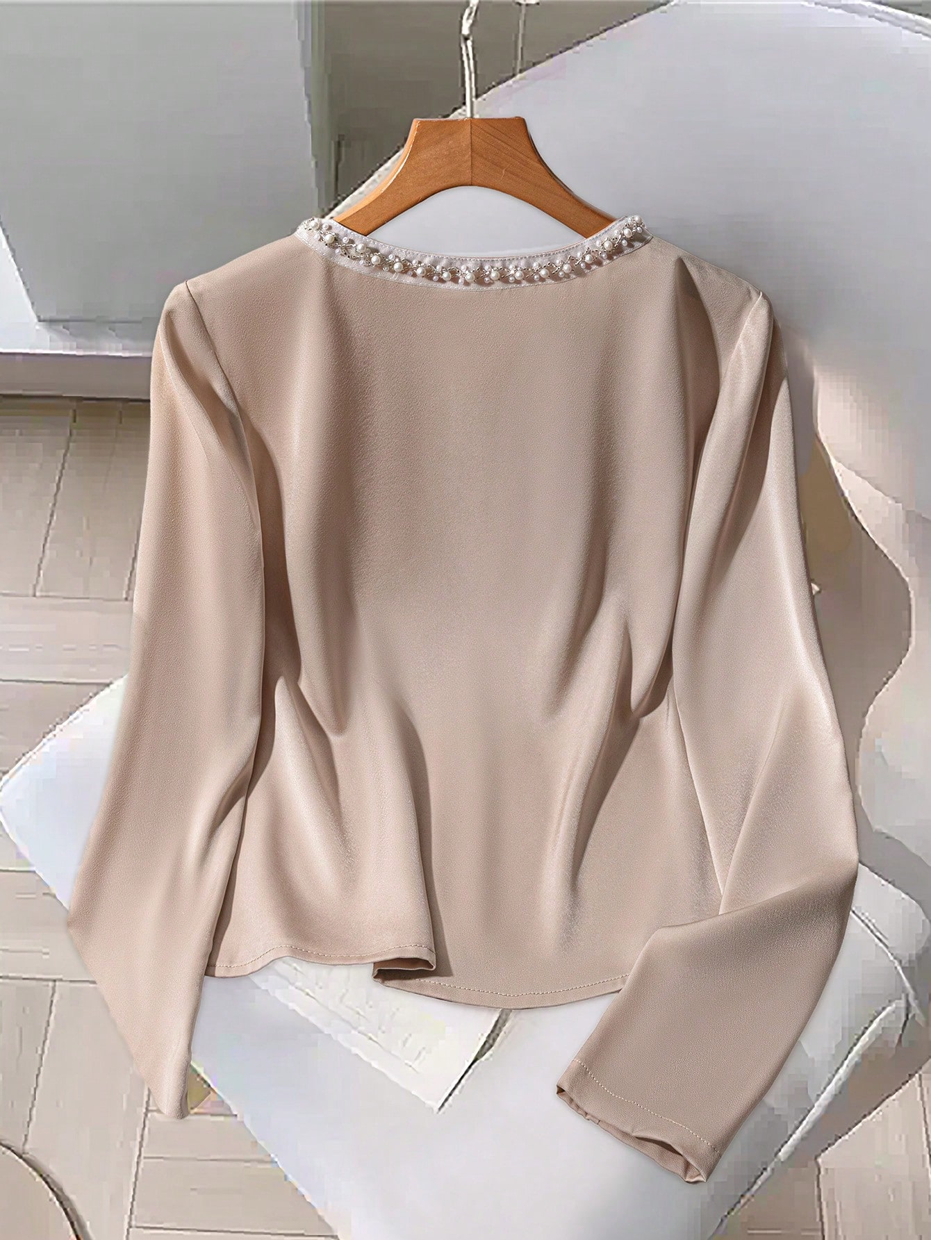 Beige Satin V-Neck Blouse with Pearl Trim-Aegean-sea