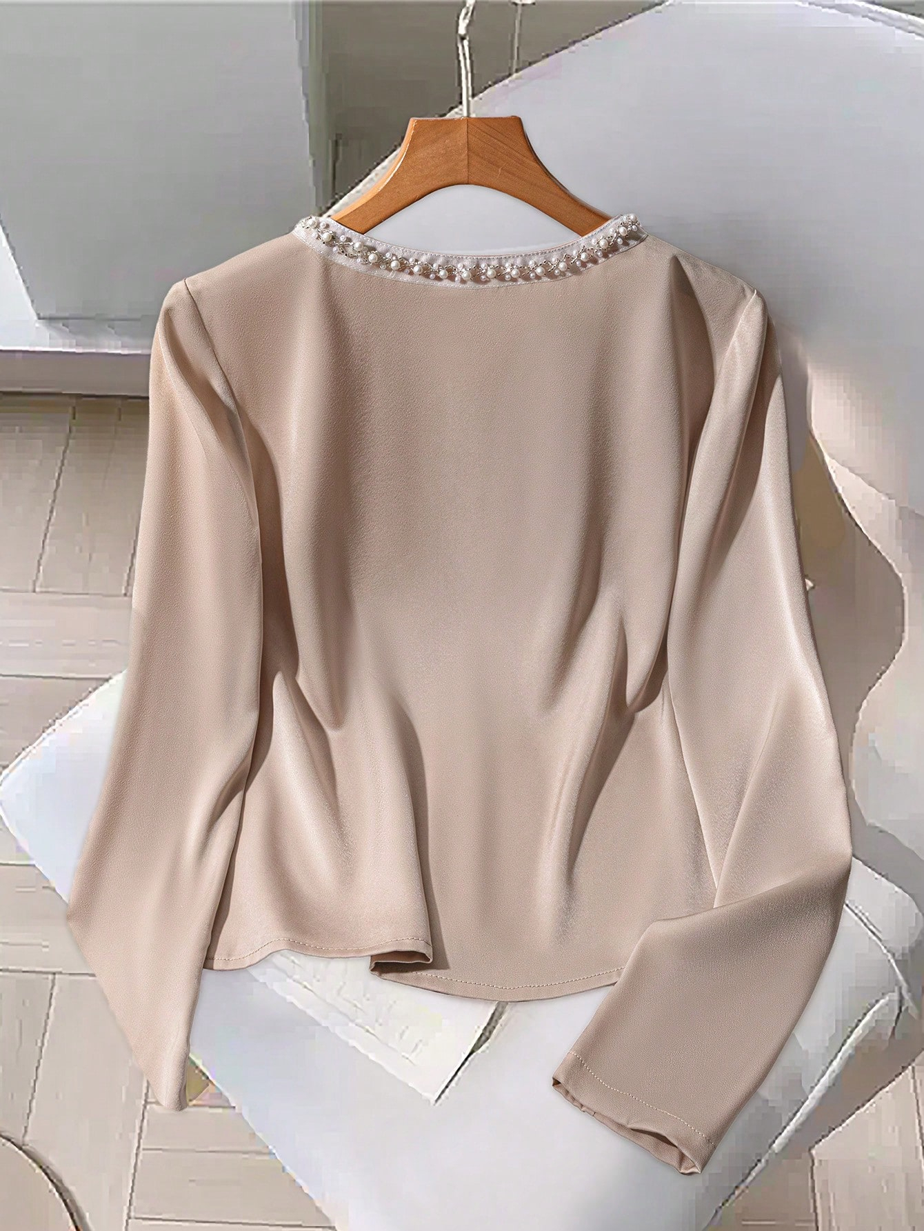 Beige Satin V-Neck Blouse with Pearl Trim-Aegean-sea