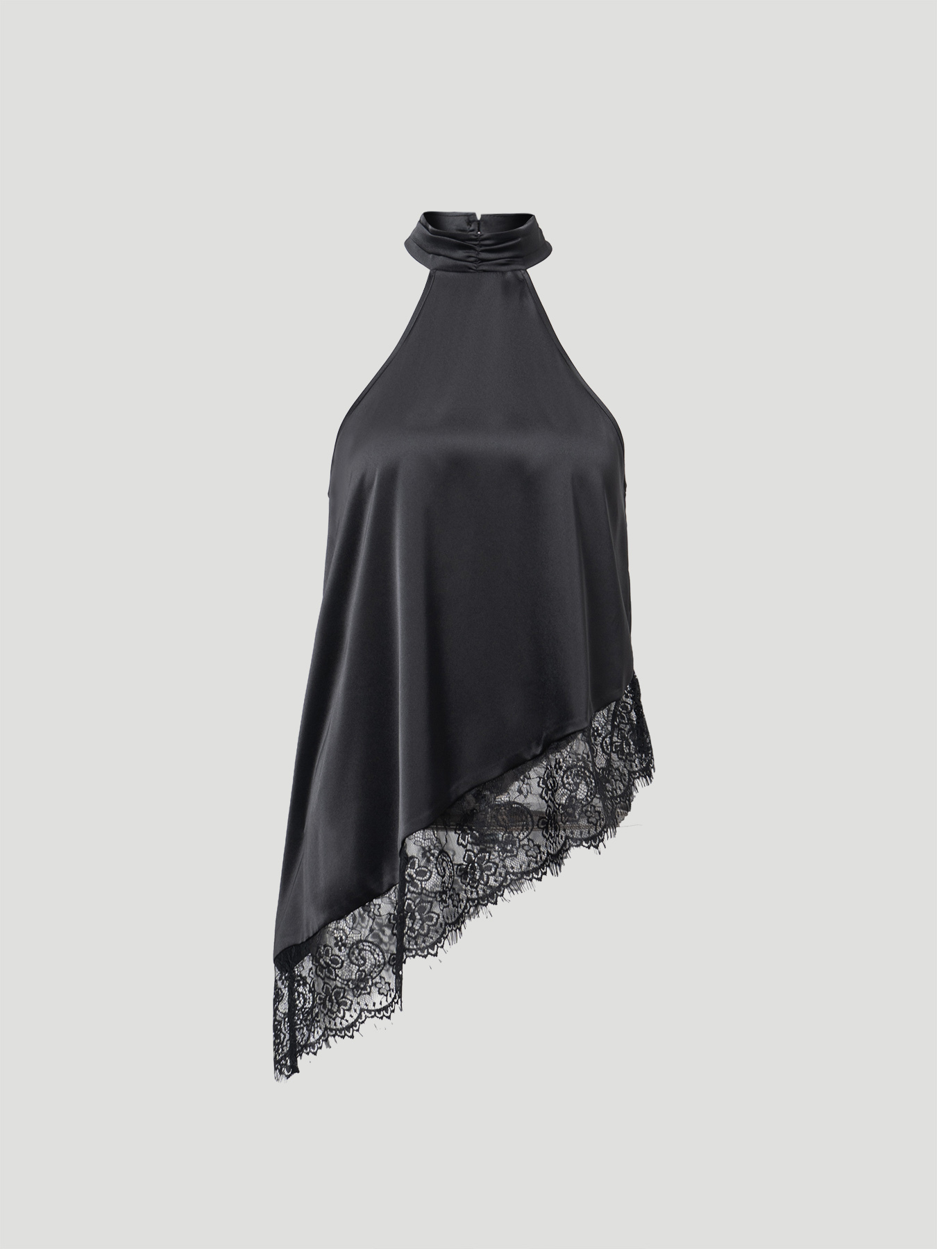 Black satin slingback vest, asymmetric lace stitching sleeveless top with asymmetric hem