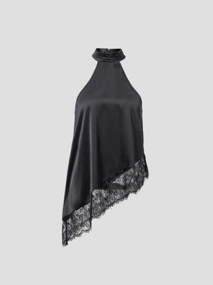 Black satin slingback vest, asymmetric lace stitching sleeveless top with asymmetric hem