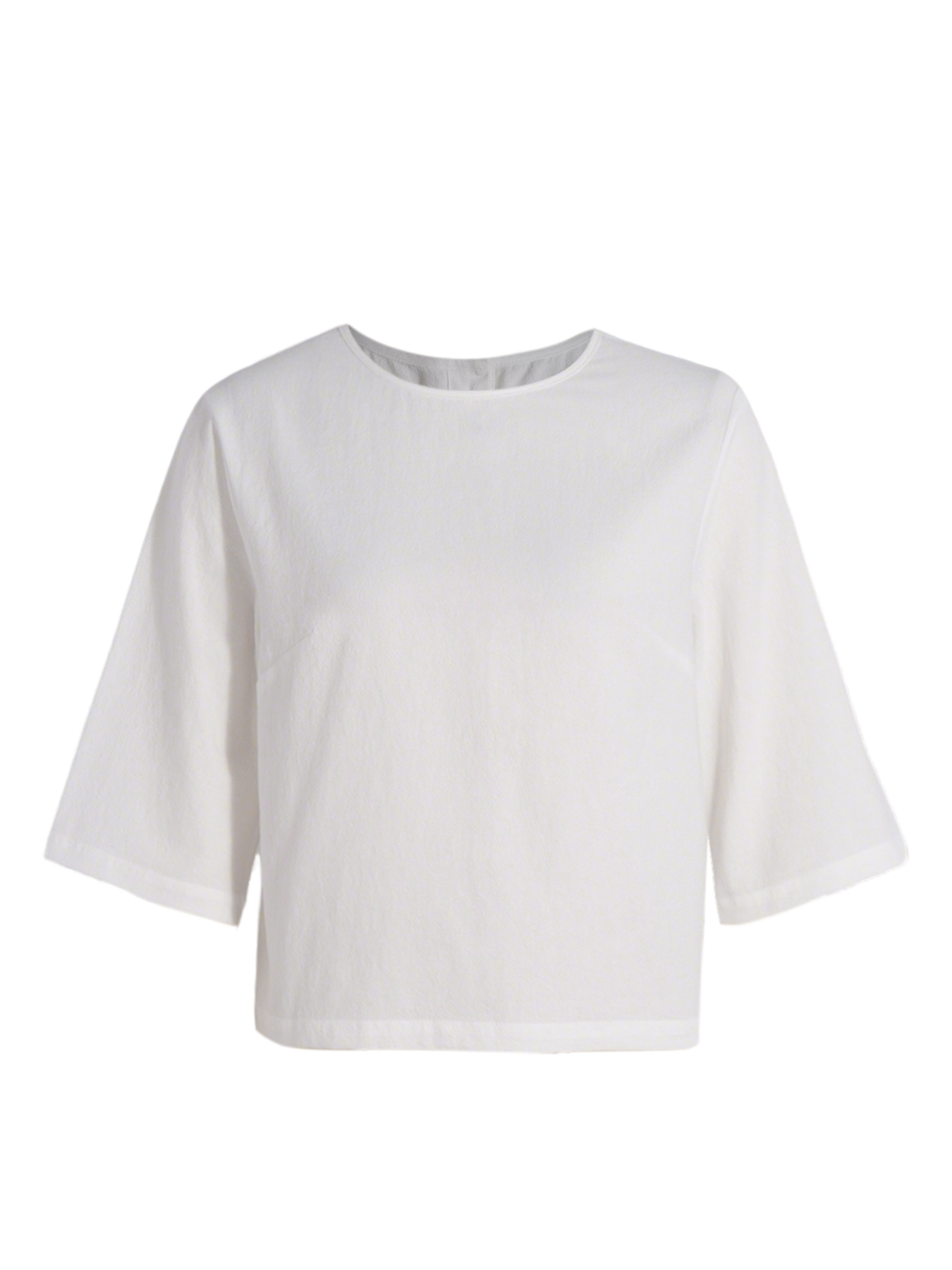 Woman's White Linen Short Sleeve Top with Back Button Detail-Aegean-sea