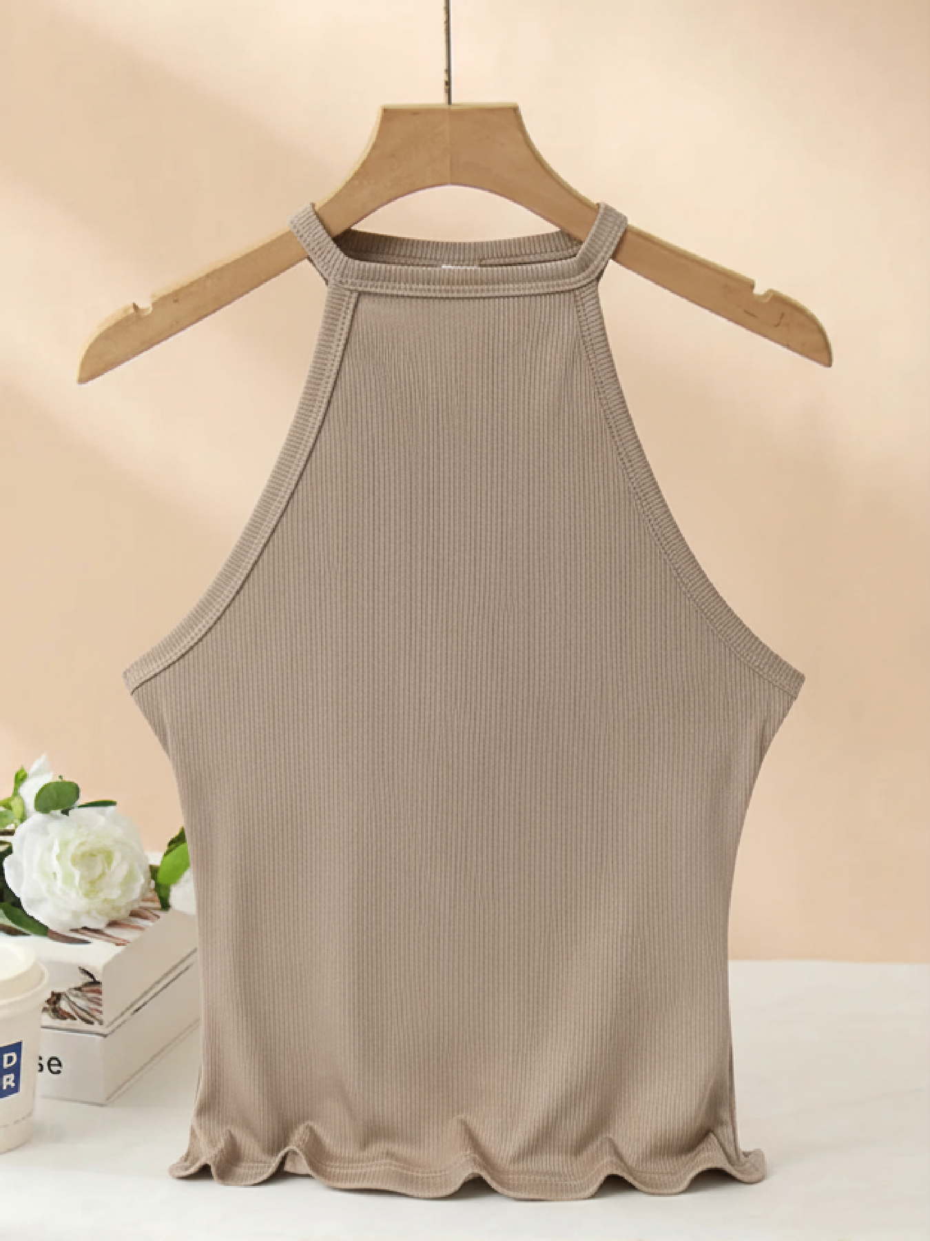 Women's Beige Ribbed Halter Neck Crop Tank Top-Aegean-sea