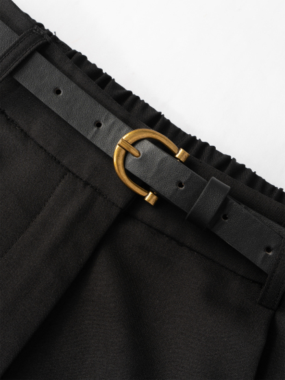 Woman's  Office Casual Style Black High-Waisted Wide-Leg Suit Pants -Aegean-sea