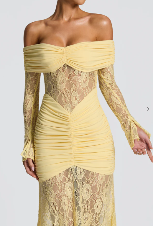 Woman's Light Yellow Off-Shoulder Lace Mermaid Dress