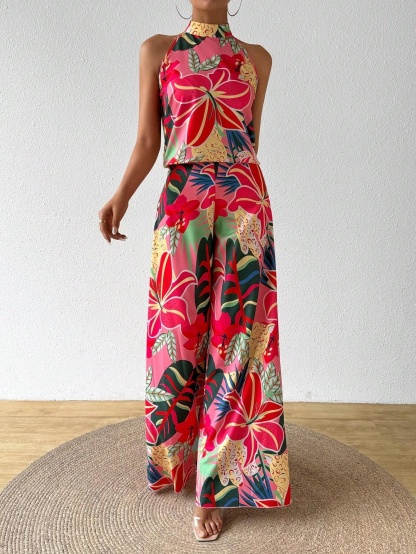 Pink Tropical Flower Neckholder Set, Holiday Wide Legs 2-piece Set