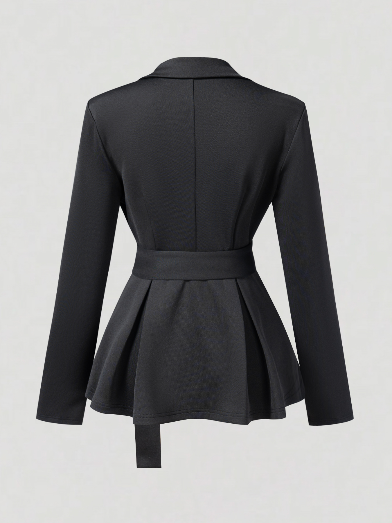 Blazer Peplum de mujer negro con doble escote y cinturón con abertura trasera-Aegean-sea