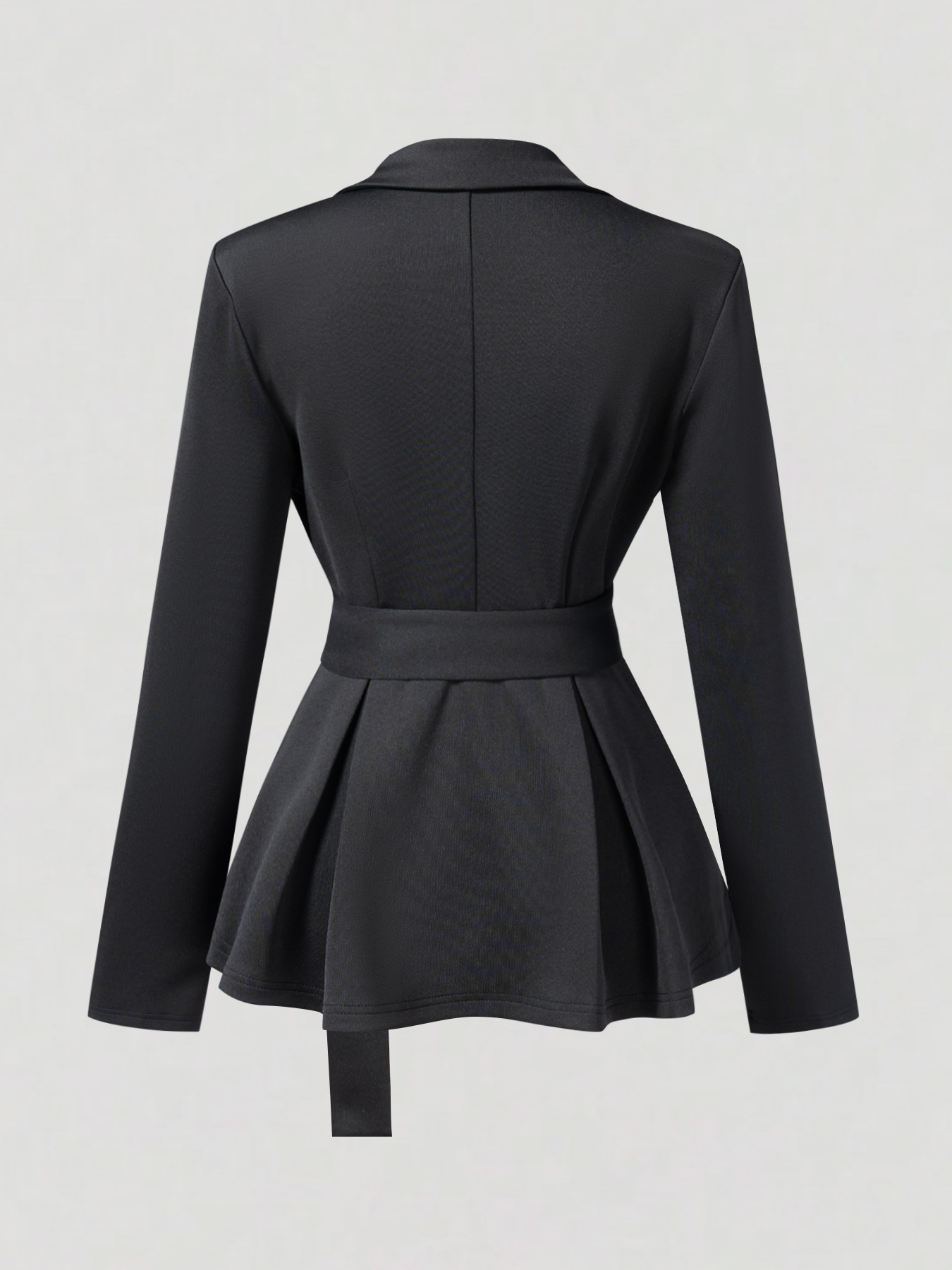 Blazer Peplum de mujer negro con doble escote y cinturón con abertura trasera-Aegean-sea