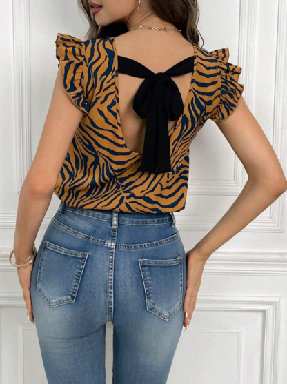 Women's Brown and Blue Zebra Print Ruffle Sleeve Blouse-Aegean-sea