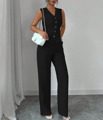 Conjunto de pantalones anchos y chaleco sin mangas de estilo femenino-Aegean-sea