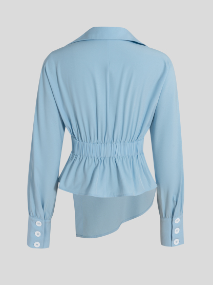 Woman's Light Blue Wrap Blouse with Ruffled Waist, Puff Sleeves and Side Buttons-Aegean-sea