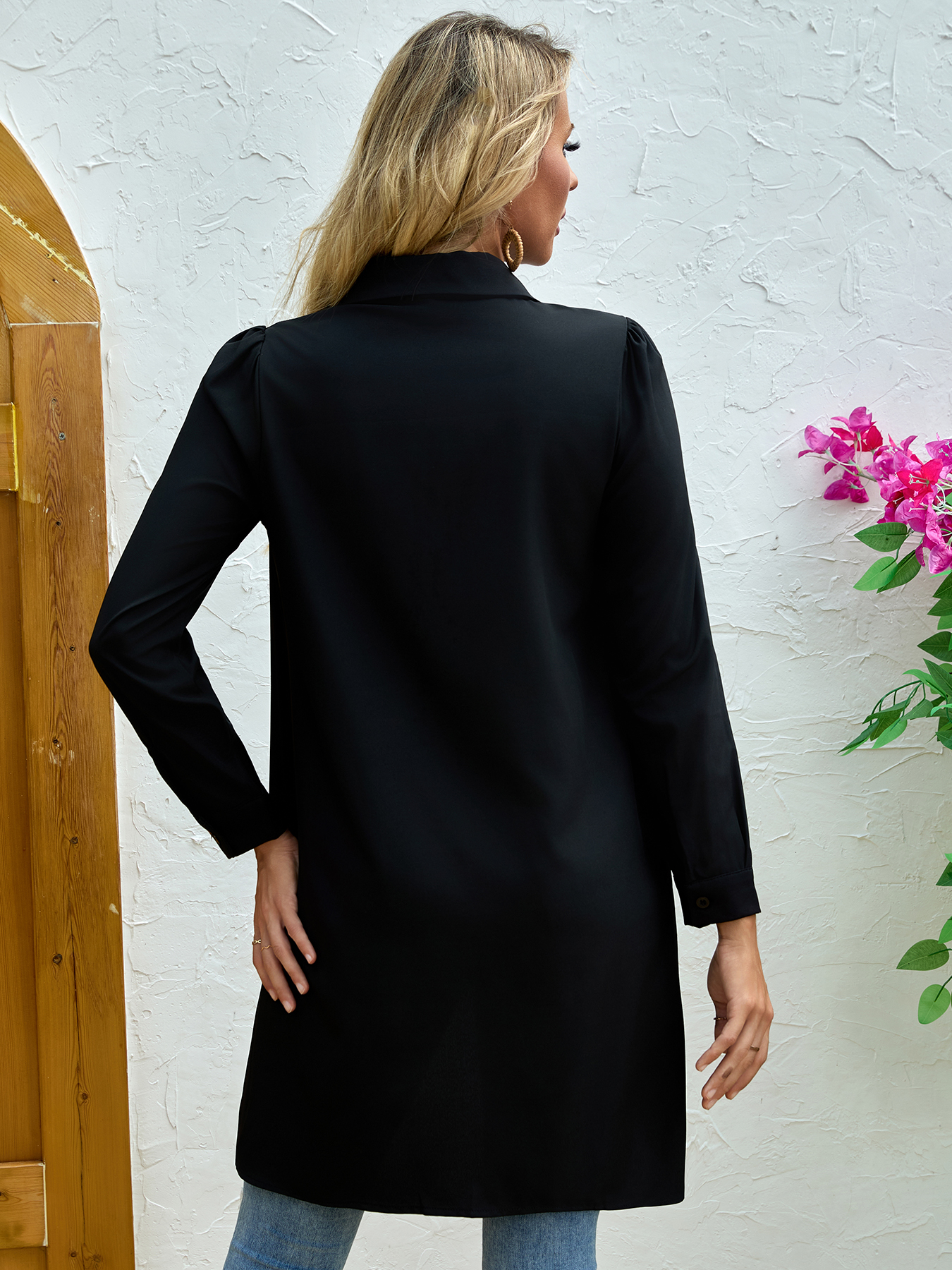 Woman's Fake Two-Piece Collared Longline Shirt-Aegean-sea