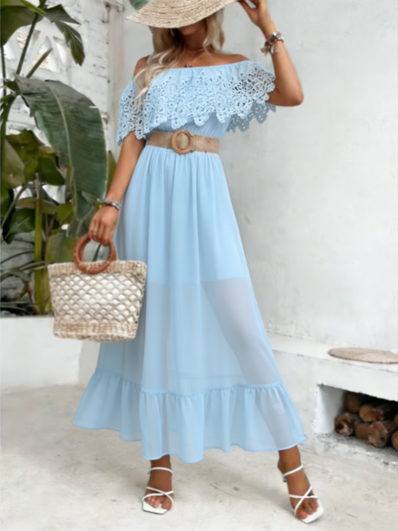 Light blue lace off-shoulder dress