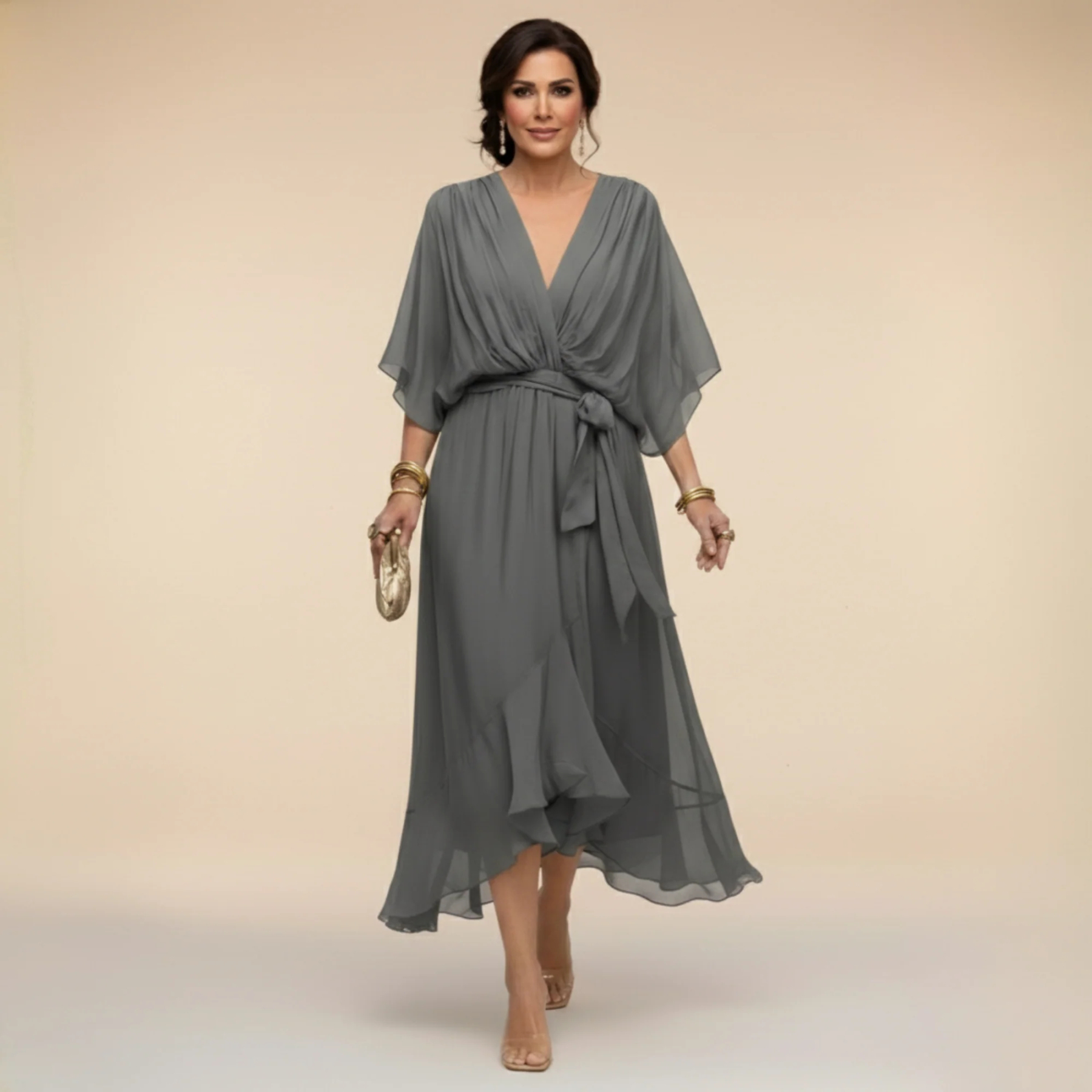 Women's Elegant V Neck Batwing Sleeve Tie Waist Ruffle Hem Sheer Chiffon Formal Midi Dress