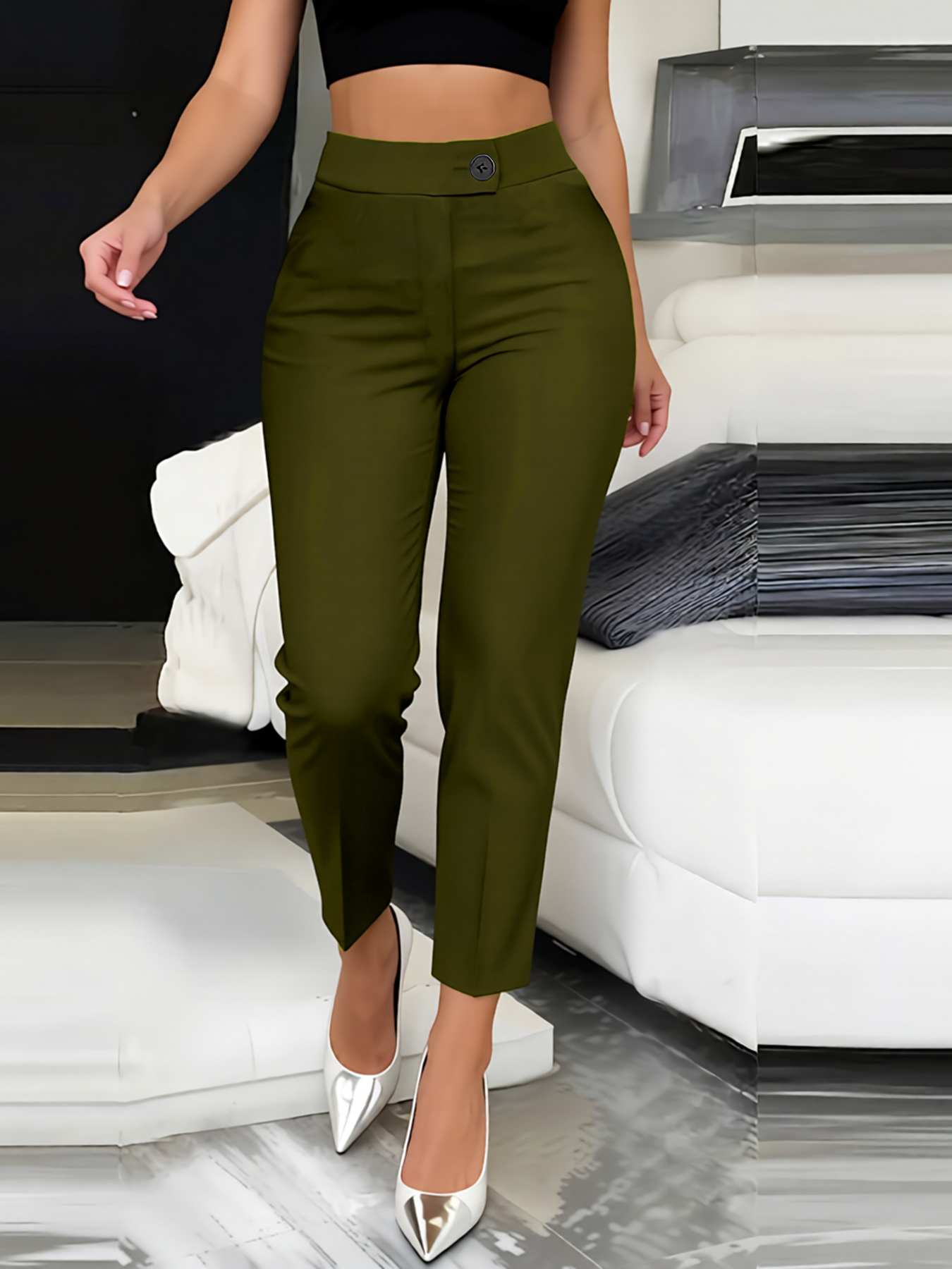Woman's High Waist Asymmetric Button Slim Ankle Pants-Aegean-sea