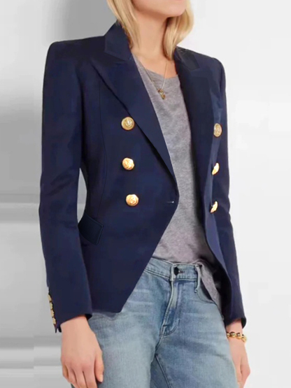Navy Blue Double-Breasted Blazer with Gold-Tone Buttons