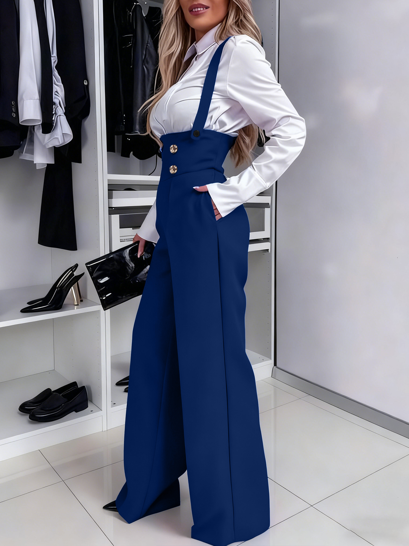 Woman's Decorative Double-Breasted High-Waist Suspender Wide-Leg Pants-Aegean-sea