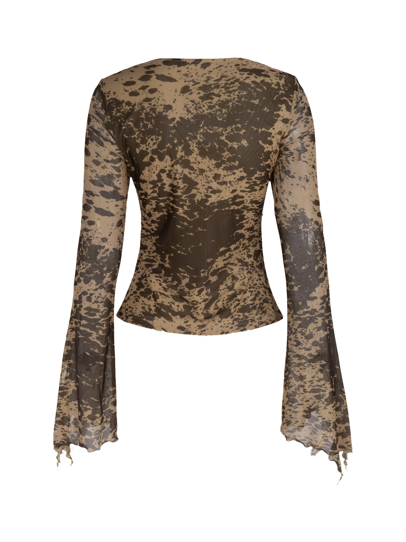 Tie Front Sheer Print Blouse - Square Neck Bell Sleeve Slim Fit Women's Top-Aegean-sea