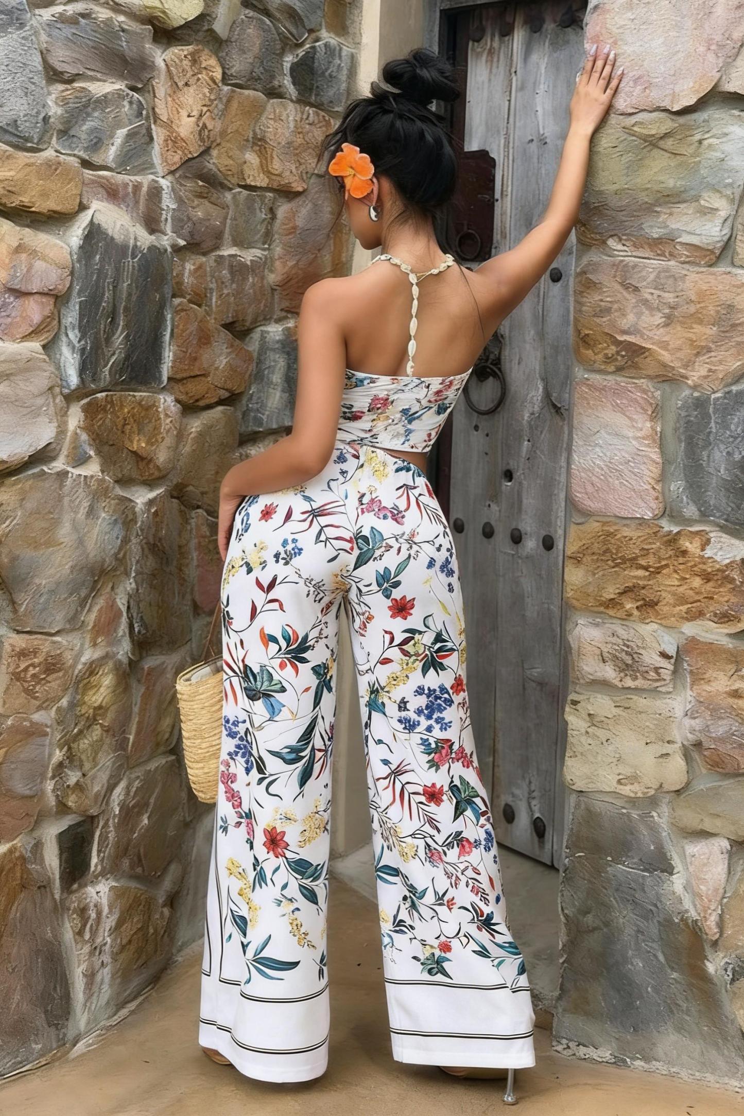 Tropical Plant Print Breasted Wide Legs Suit,,vacation-style slim-fit two-piece set