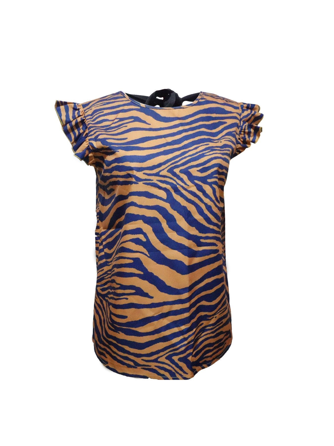 Women's Brown and Blue Zebra Print Ruffle Sleeve Blouse-Aegean-sea