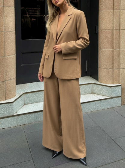 Woman's Camel Vertical Stripe Blazer & Wide-Leg Pants Set | Loose Casual Office Two-Piece-Aegean-sea