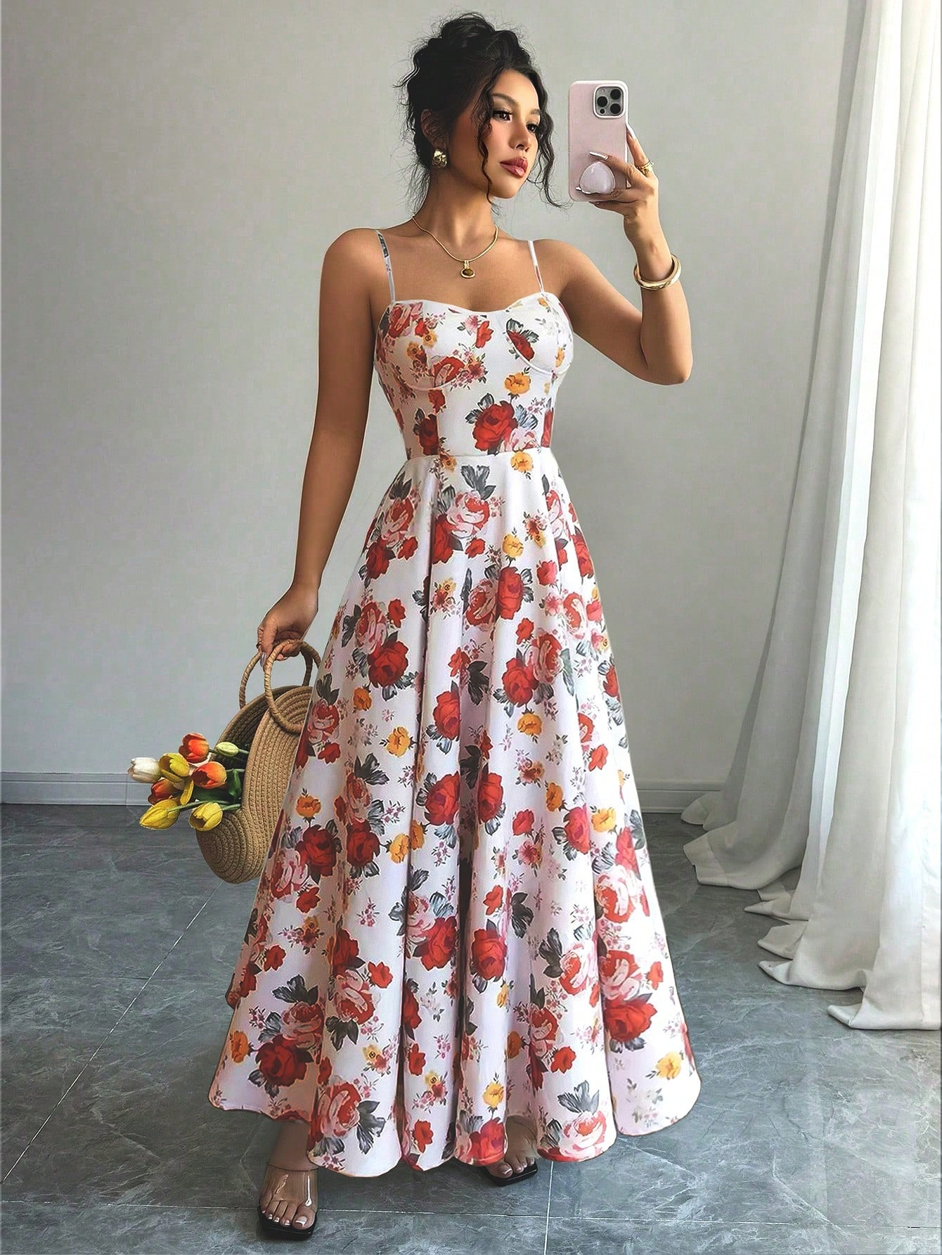 Women's Spaghetti Strap Floral Print Maxi Dress - Sweetheart Neck A-Line Summer Dress