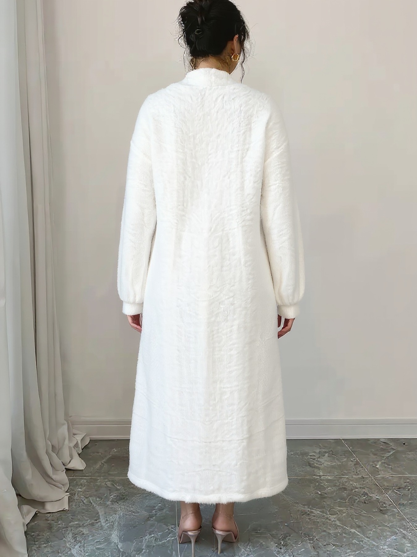 White Longline Open Front Cardigan with Puff Sleeves-Aegean-sea