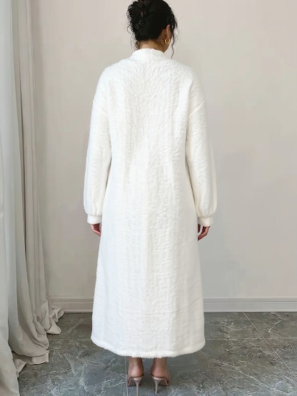 White Longline Open Front Cardigan with Puff Sleeves-Aegean-sea