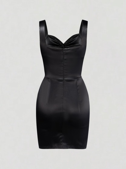 Woman's Hot Girl Sexy Style Black Satin Bustier Dress: Fitted Mini Party Formal Dress 