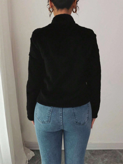 Chaqueta Fuzzy negra de cuello alto con cremallera para mujer-Aegean-sea