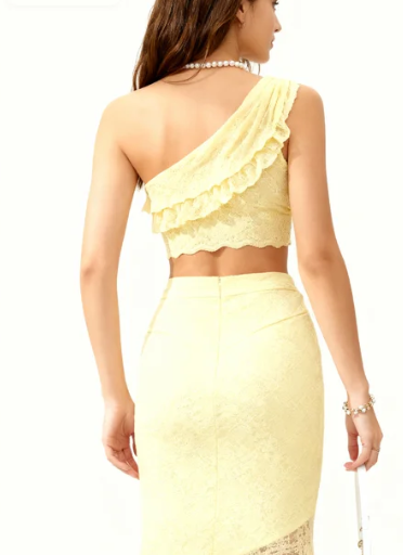 Woman's Light Yellow Lace Cami Top & Sheer Lace High-Waist Maxi Skirt Set