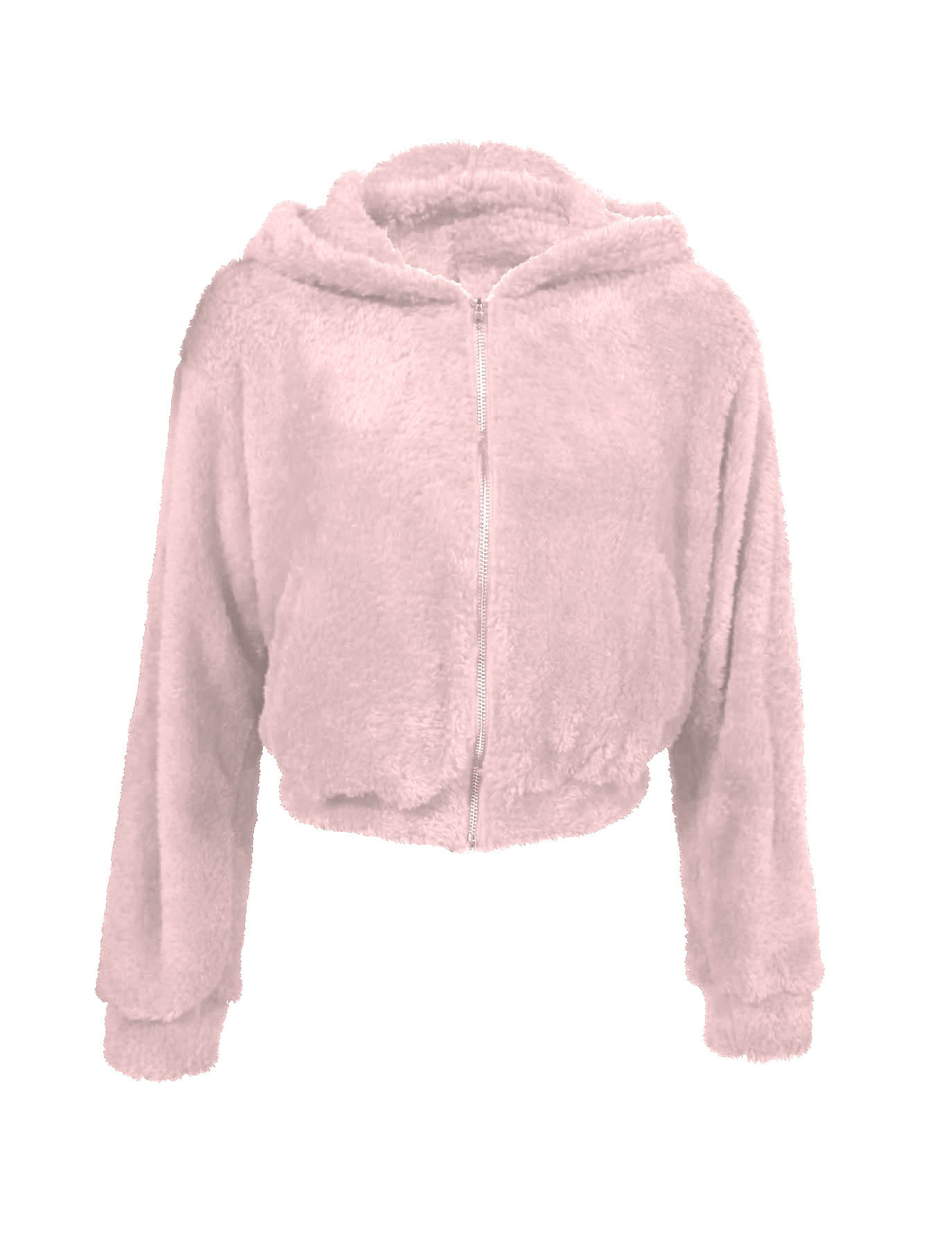 Women's Pink Fuzzy Zip-Up Hooded Cropped Coat-Aegean-sea