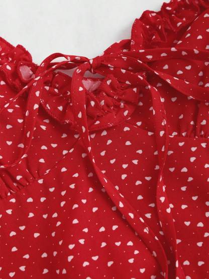Woman's Red Heart Print Spaghetti Strap Sweetheart Neck Mini Dress-Aegean-sea