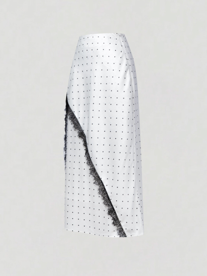 2026 Spring/Summer New Arrival: Elegant Commuter-Style Midi Skirt with Lace Trim and Color-Blocking Satin Lace