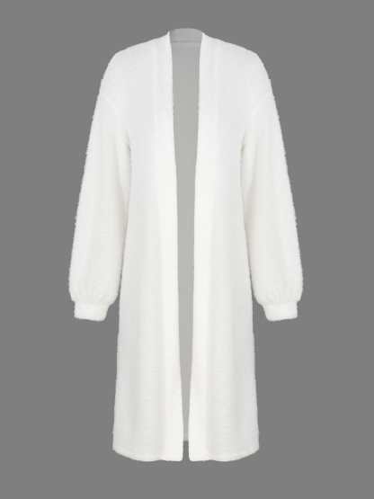 White Longline Open Front Cardigan with Puff Sleeves-Aegean-sea