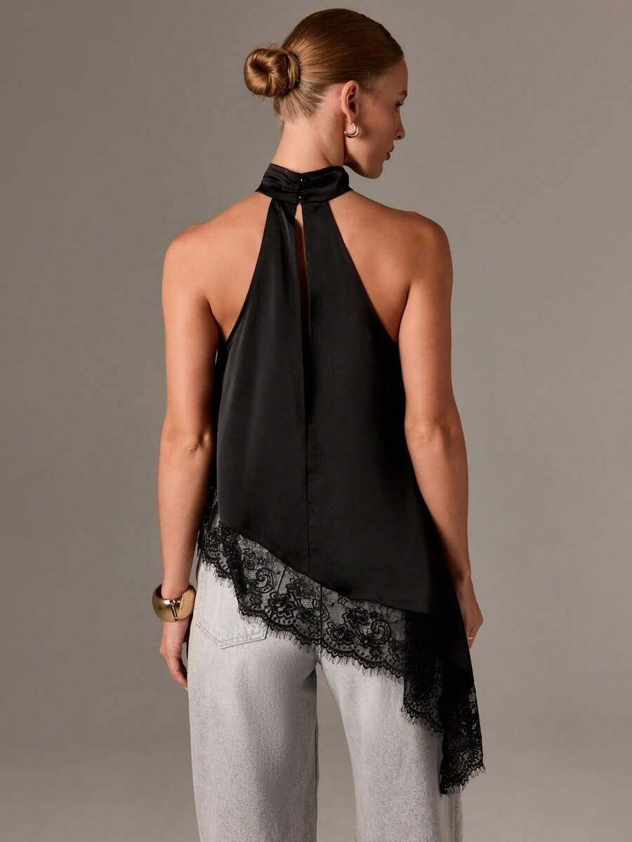 Black satin slingback vest, asymmetric lace stitching sleeveless top with asymmetric hem