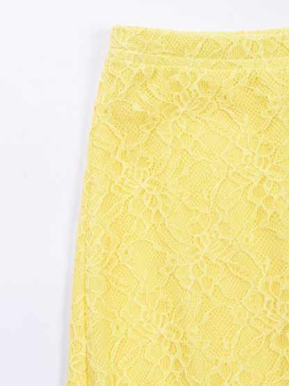 Woman's Light Yellow Lace Cami Top & Sheer Lace High-Waist Maxi Skirt Set