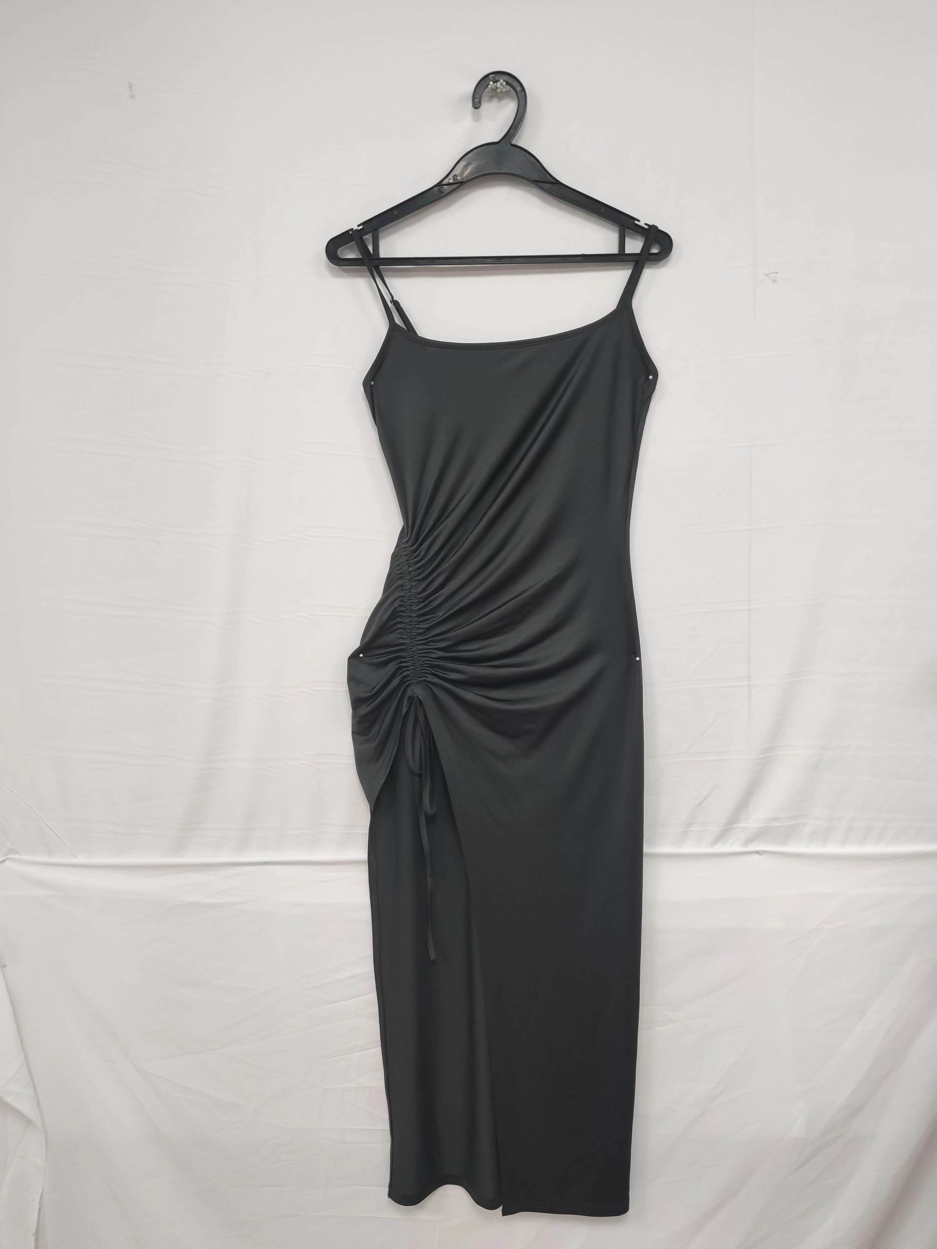 Woman's Gray Spaghetti Strap Ruched Side Slit Midi Dress-Aegean-sea