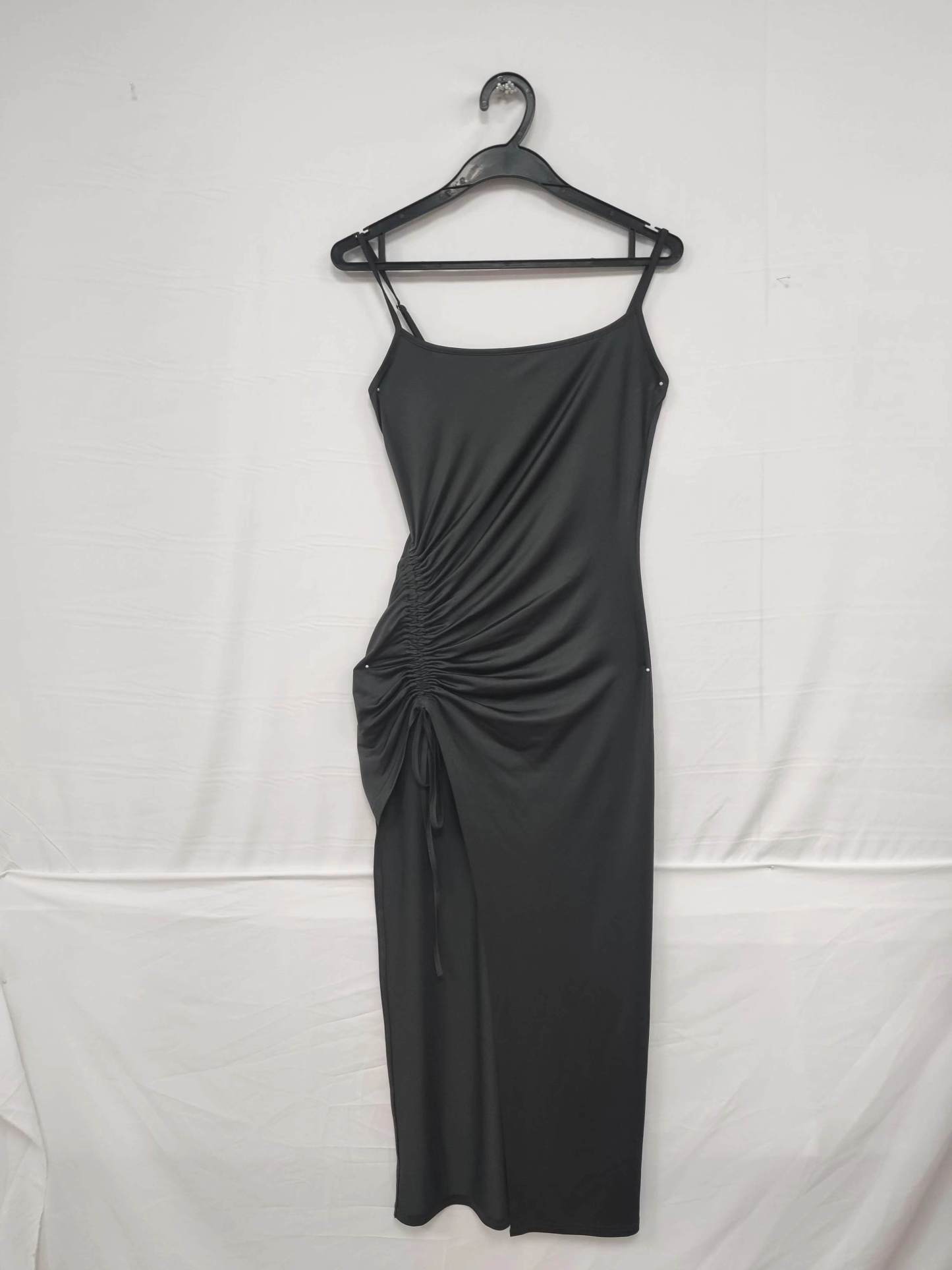 Woman's Gray Spaghetti Strap Ruched Side Slit Midi Dress-Aegean-sea