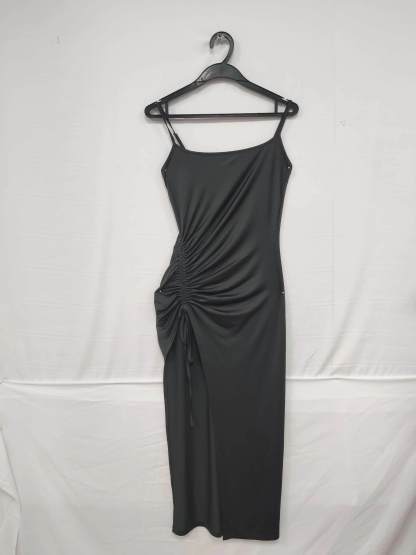 Woman's Gray Spaghetti Strap Ruched Side Slit Midi Dress-Aegean-sea