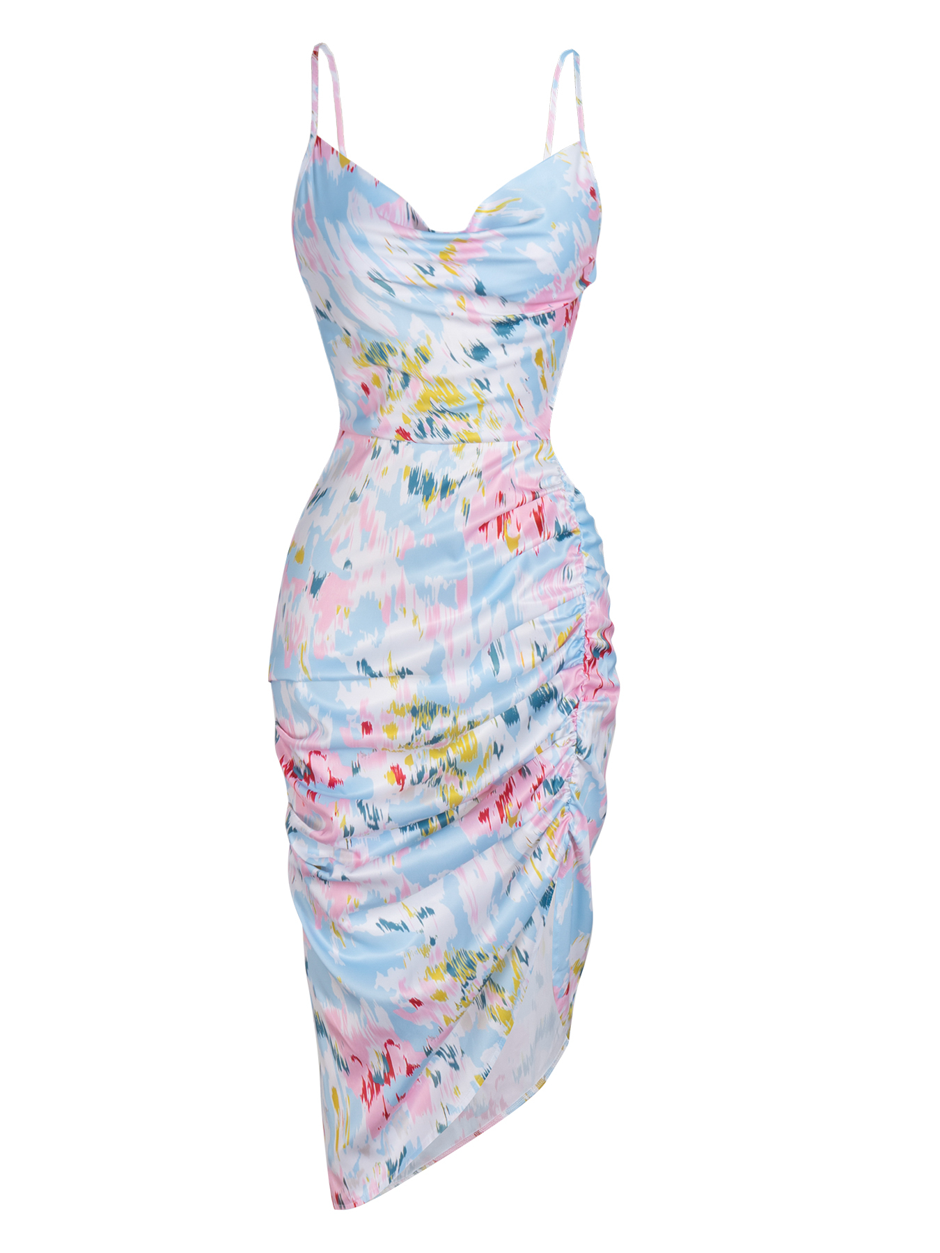 Woman's Pastel Abstract Print Satin Slip Dress with Ruched Detail