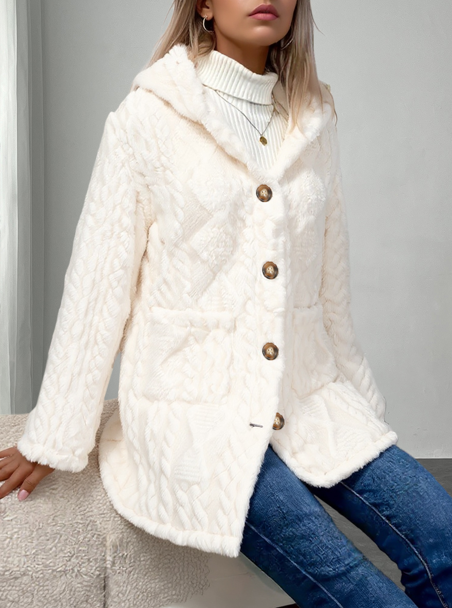 Woman's Cream Faux Fur Hooded Coat with Cable Knit Texture & Metal Buttons-Aegean-sea