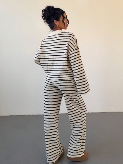 Black and white striped suit Polo collar long-sleeved shirt, wide-legged trousers two sets for casual commute