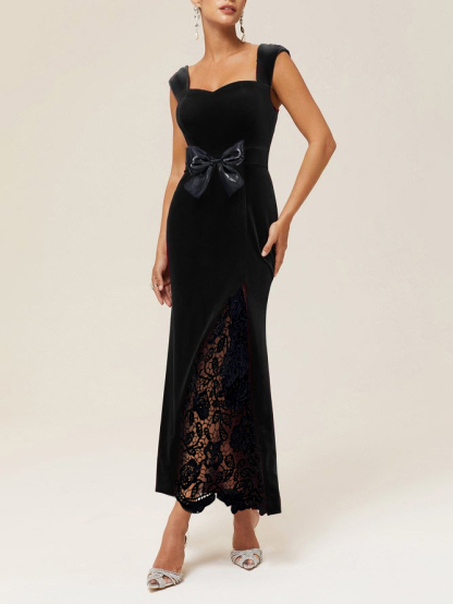 Women's Black Velvet Sweetheart Neck Maxi Dress with Lace Slit and Bow Detail-Aegean-sea