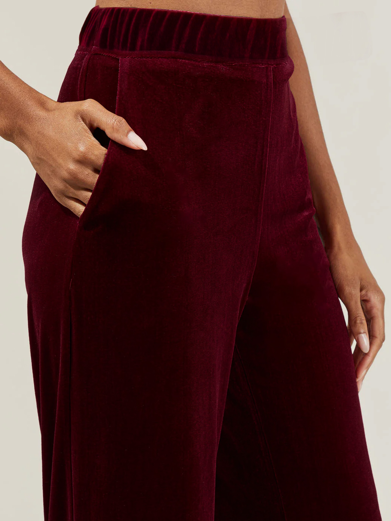 Woman's Burgundy Velvet High-Waisted Wide-Leg Pants-Aegean-sea