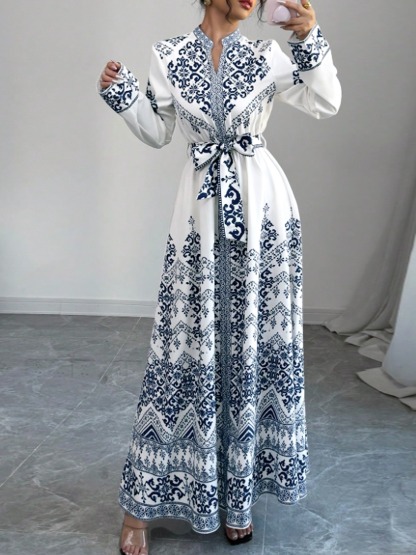 Tsinghua porcelain positioned floral print dress Standing collar with waist tie Long skirt with wide hem